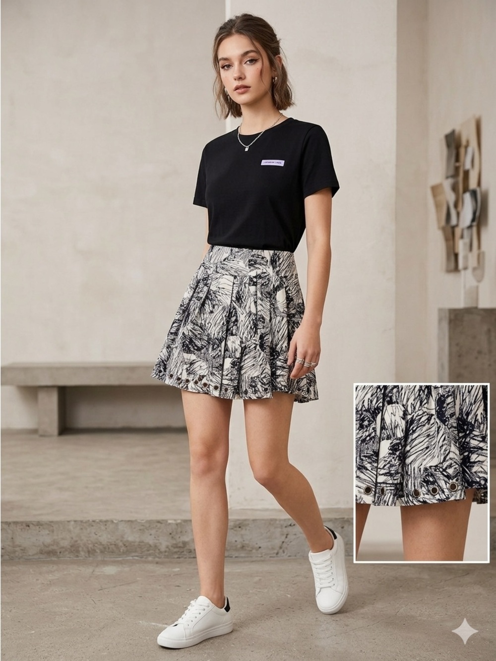 Vera Wang Lavender Label Black & White Printed Skater Skirt Size 8